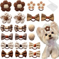 KUDSOW 20 Pcs Small Dog Hair Bows with Rubber Bands Handmade Puppy Hair Bows Cute Grooming Flower Ball Bowknot Top Knot Dog Hair Accessories Hair Ties for Yorkie Maltese Pet KU-HB1-Brown