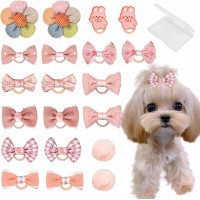 KUDSOW 20 Pcs Small Dog Hair Bows with Rubber Bands Handmade Puppy Hair Bows Cute Grooming Flower Ball Bowknot Top Knot Dog Hair Accessories Hair Ties for Yorkie Maltese Pet KU-HB1-Pink