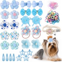 KUDSOW 180+ Pcs Blue Dog Hair Accessories Set,Small Dog Hair Bows with Rubber Bands,Cute Puppy Hair Ties,Bowties for Small Dogs Cats,Dog Hair Clip KU-HB4-Blue