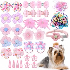 KUDSOW 180+ Pcs Pink Dog Hair Accessories Set,Small Dog Hair Bows with Rubber Bands,Cute Puppy Hair Ties,Bowties for Small Dogs Cats,Dog Hair Clip KU-HB4-Pink